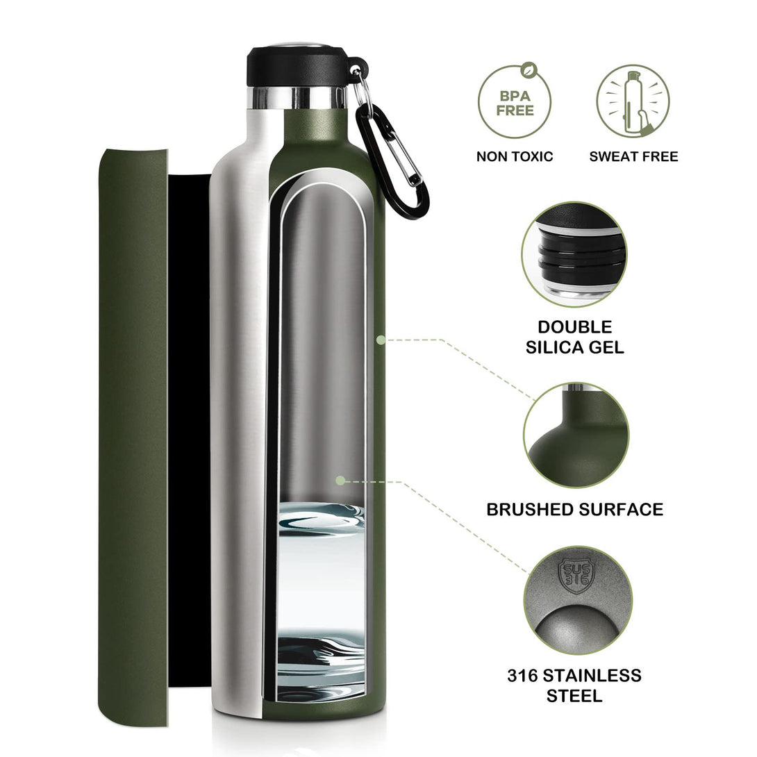 750ml Stainless Steel Insulated Thermo Water Bottle, Vacuum Flask With Carabiner