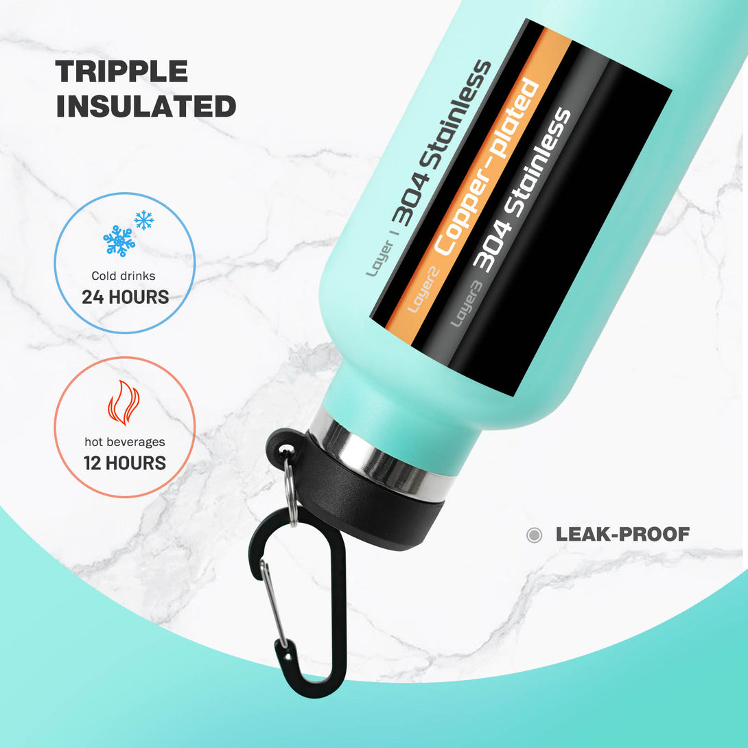 750ml Stainless Steel Insulated Thermo Water Bottle, Vacuum Flask With Carabiner