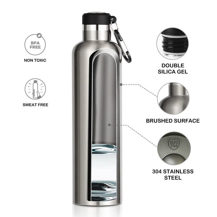 1000ml Stainless Steel Insulated Thermo Water Bottle, Vacuum Flask With Carabiner