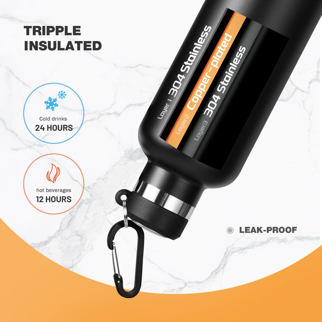 750ml Stainless Steel Insulated Thermo Water Bottle, Vacuum Flask With Carabiner