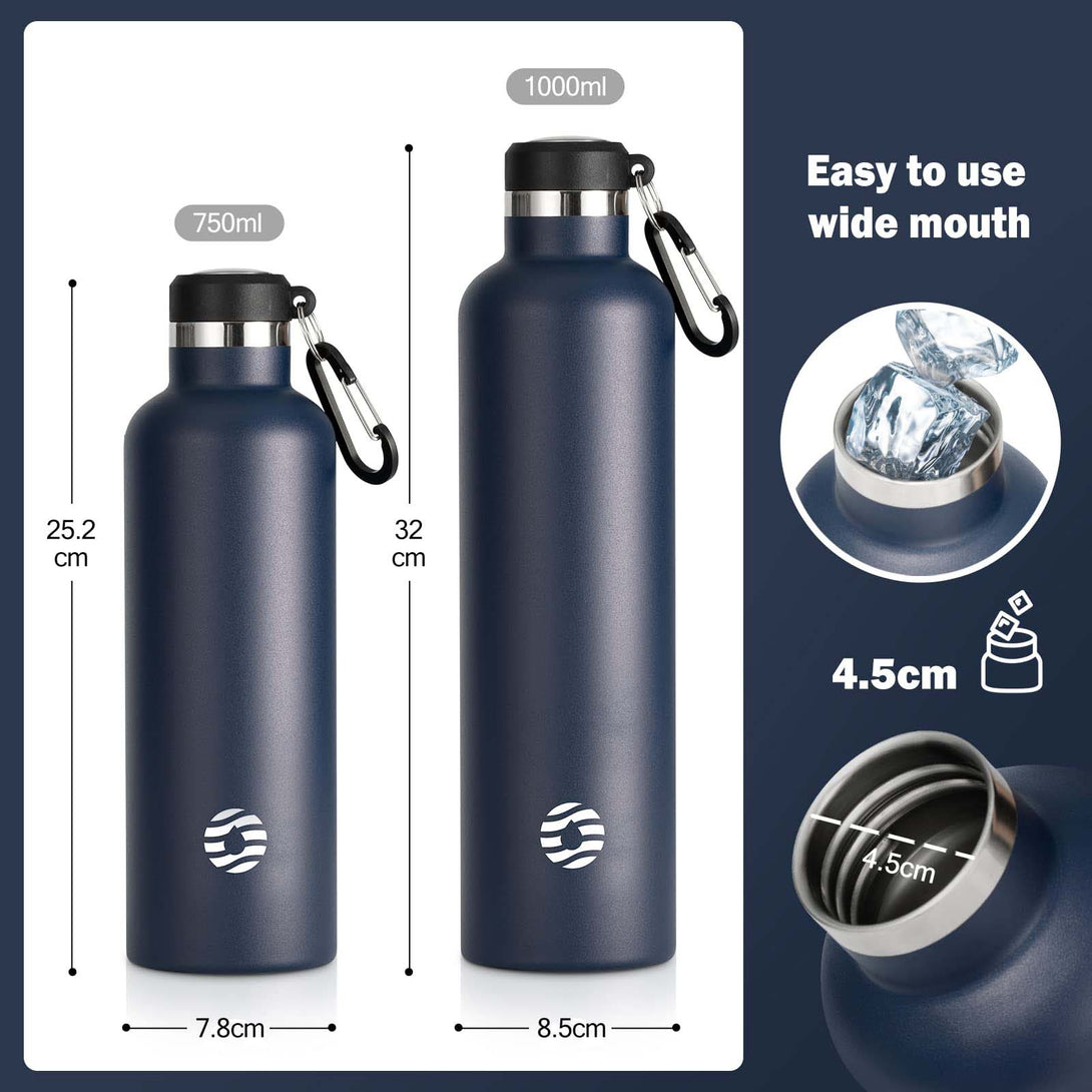 750ml Stainless Steel Insulated Thermo Water Bottle, Vacuum Flask With Carabiner
