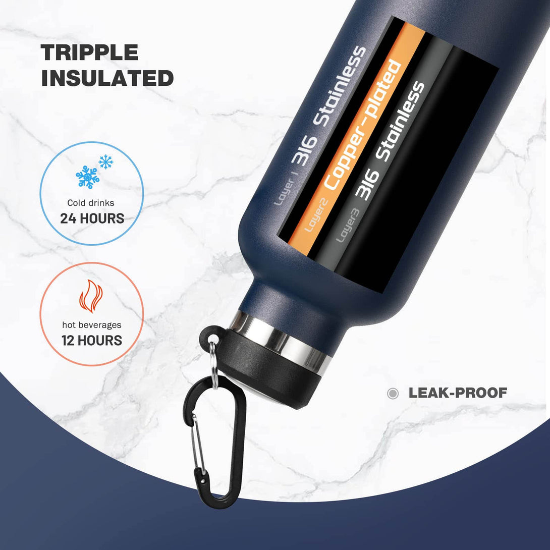 750ml Stainless Steel Insulated Thermo Water Bottle, Vacuum Flask With Carabiner