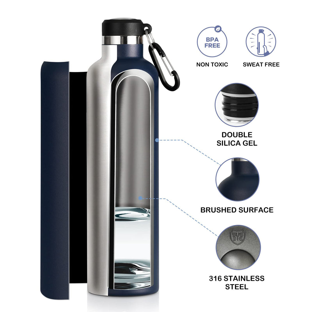750ml Stainless Steel Insulated Thermo Water Bottle, Vacuum Flask With Carabiner