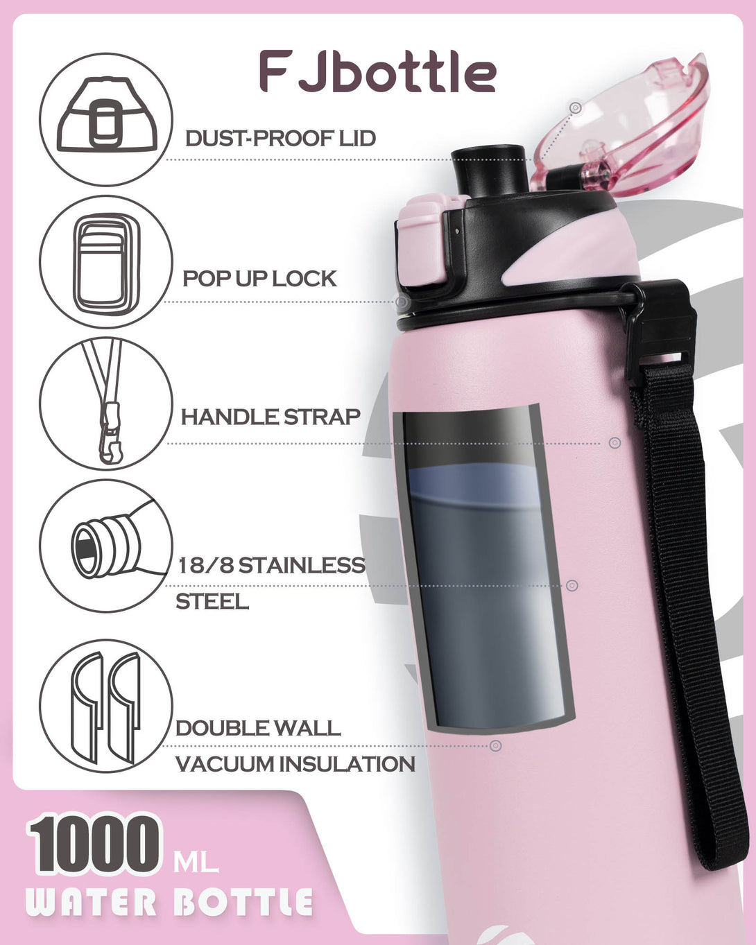 1000ml Stainless Steel Insulated Thermo Water Bottle, Vacuum Flask  With Spout