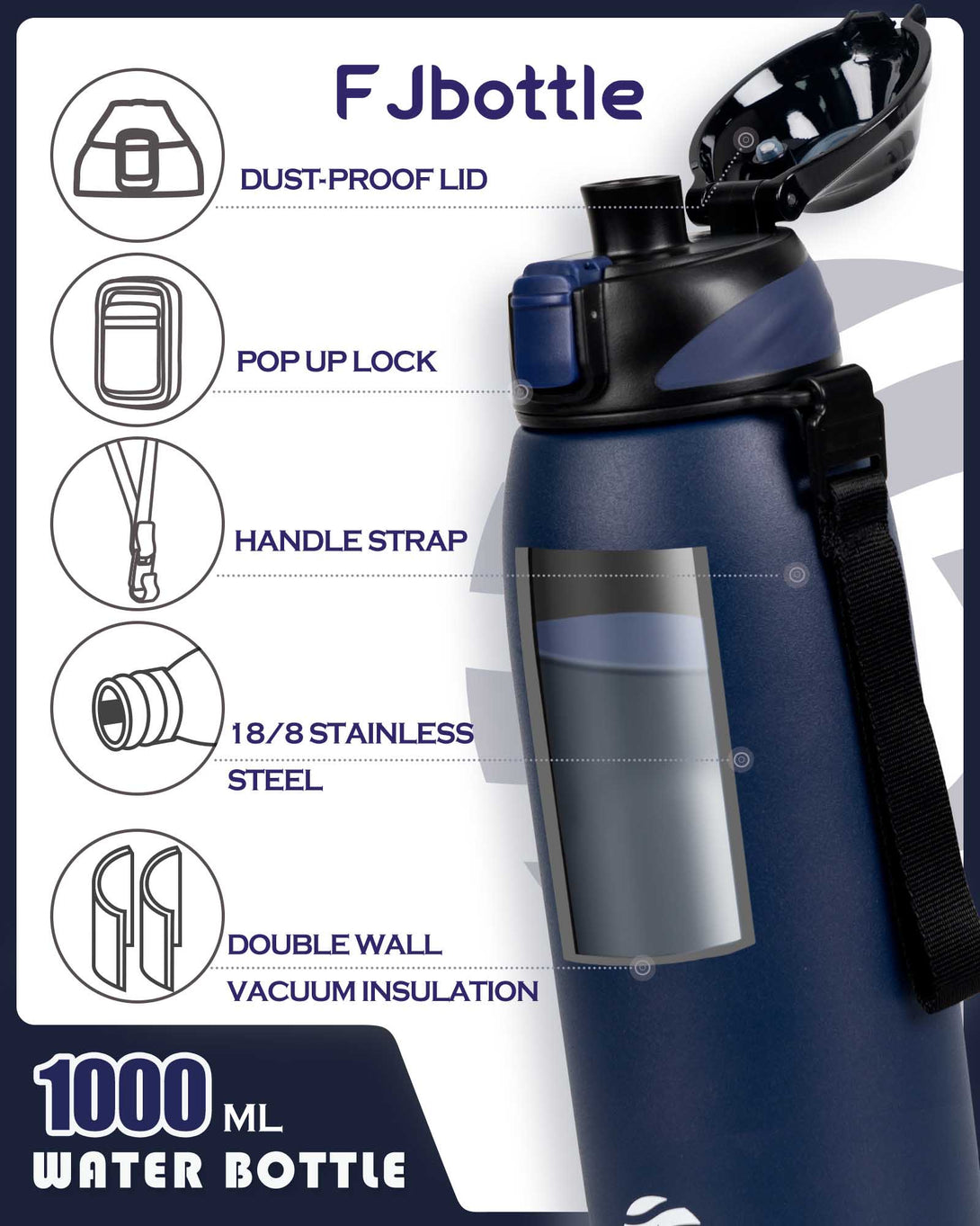 1000ml Stainless Steel Insulated Thermo Water Bottle, Vacuum Flask  With Spout