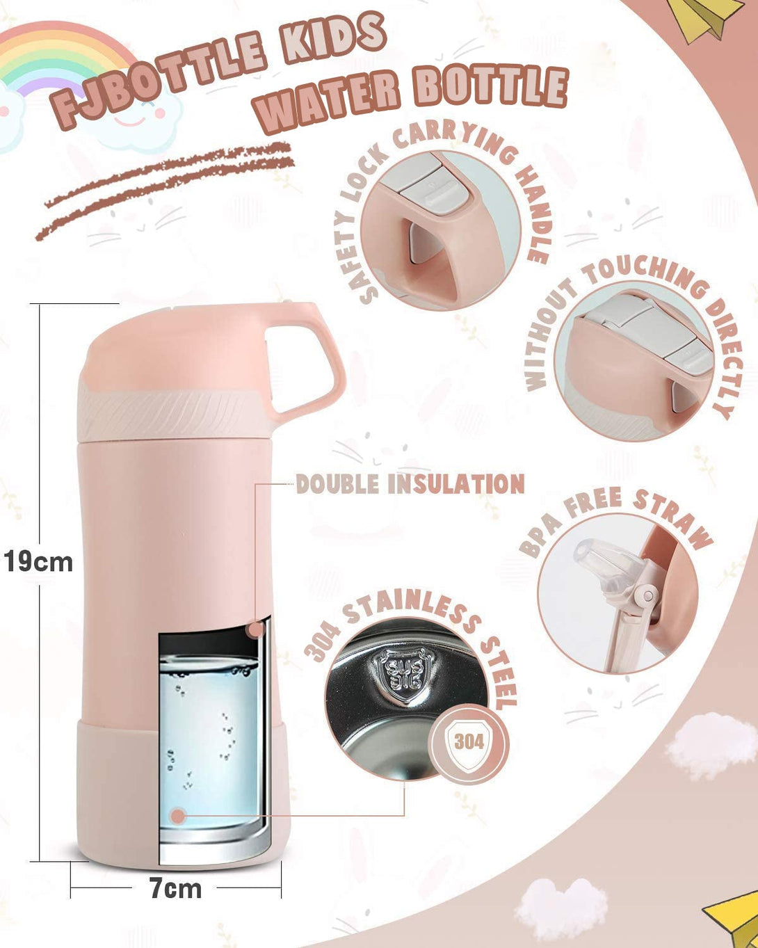 400ml Stainless Steel Insulated Kids Thermo Water Bottle, Vacuum Flask With Straw