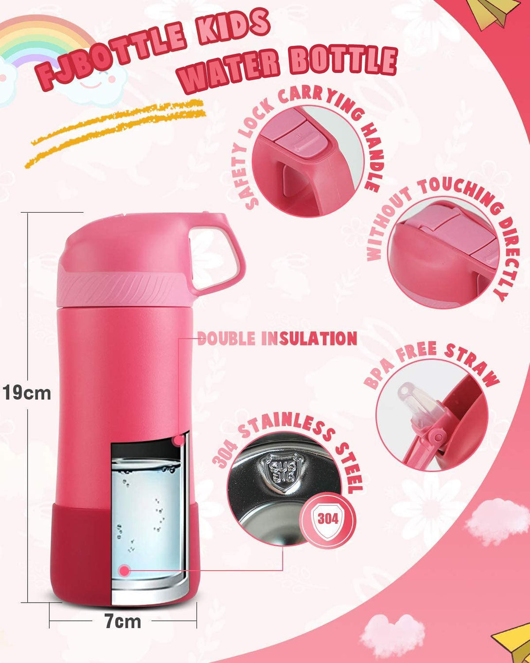 400ml Stainless Steel Insulated Kids Thermo Water Bottle, Vacuum Flask With Straw