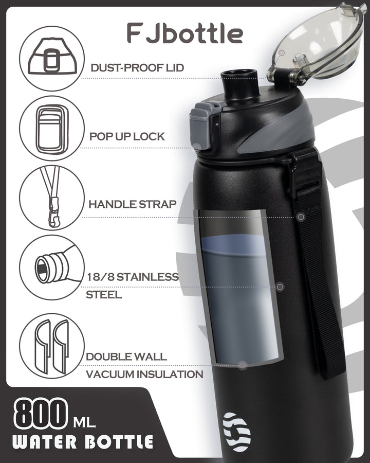 800ml Vacuum Insulated Water Bottle with Carrying Bag  - Black