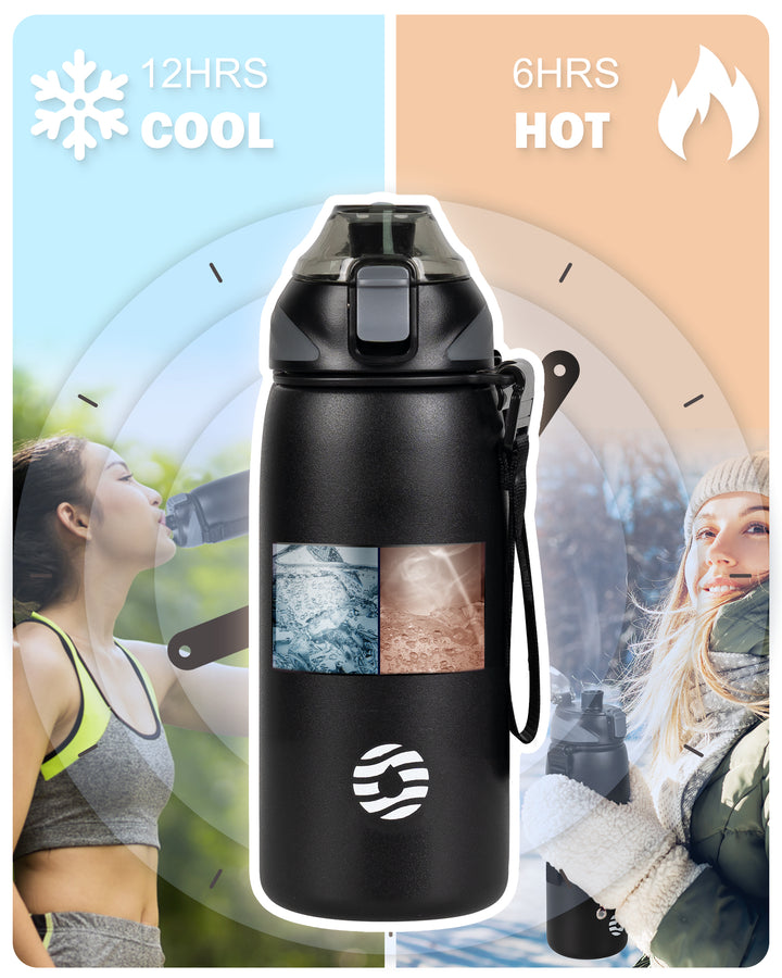 600ml Vacuum Insulated Water Bottle with Carrying Bag  - Black