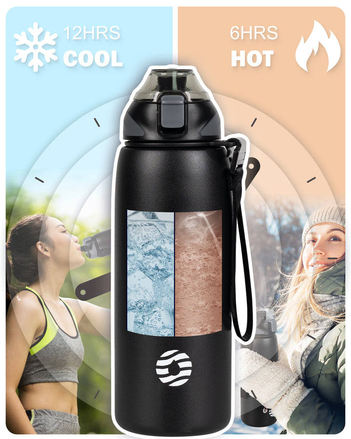 800ml Vacuum Insulated Water Bottle with Carrying Bag  - Black
