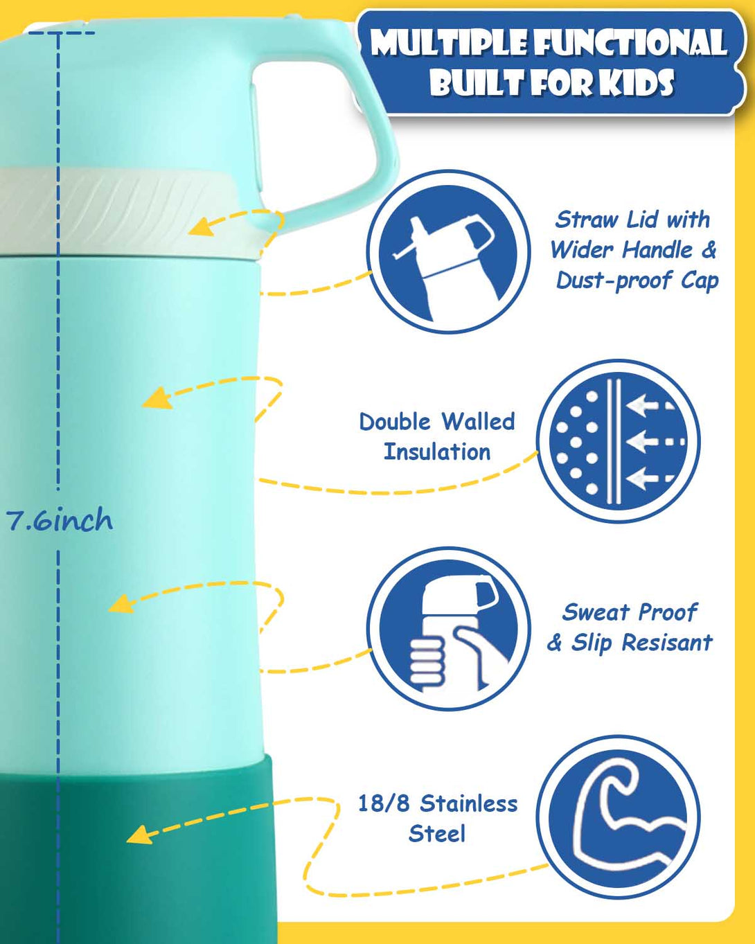400ml Stainless Steel Insulated Kids Thermo Water Bottle, Vacuum Flask With Straw