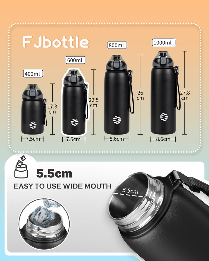 600ml Vacuum Insulated Water Bottle with Carrying Bag  - Black