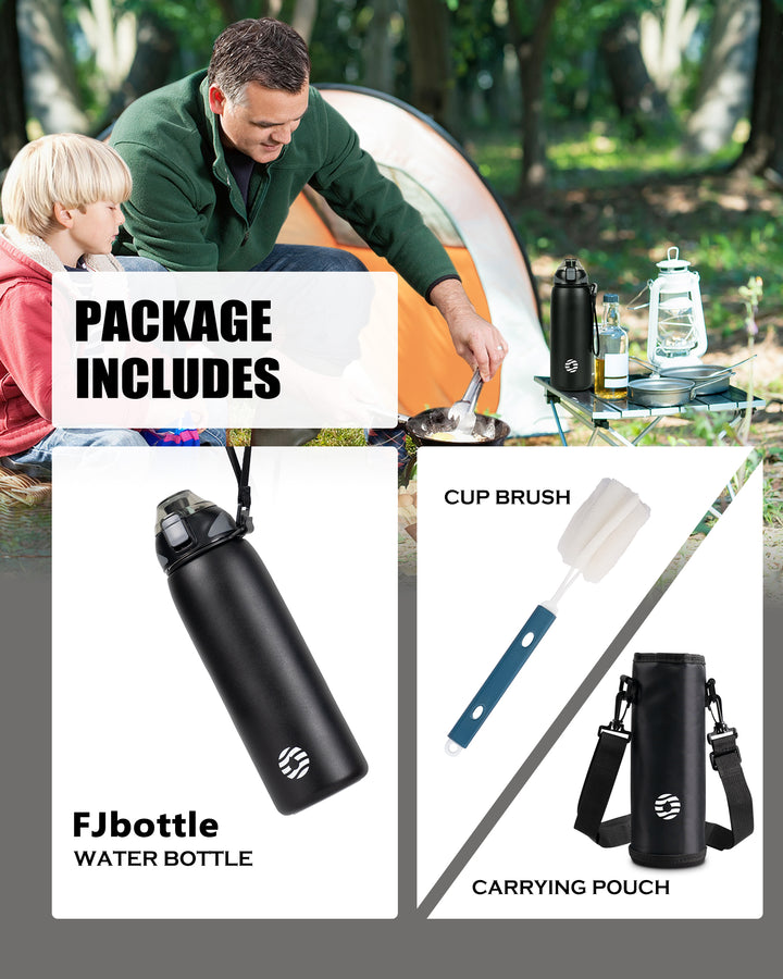 800ml Vacuum Insulated Water Bottle with Carrying Bag  - Black