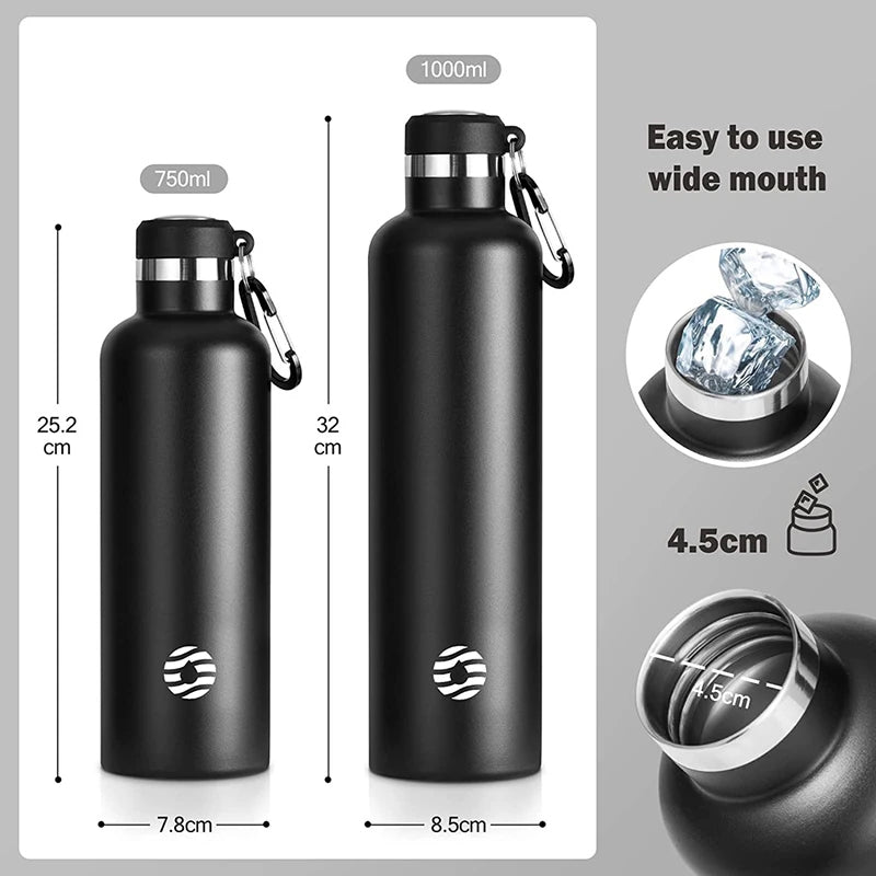 750ml Stainless Steel Insulated Thermo Water Bottle, Vacuum Flask With Carabiner