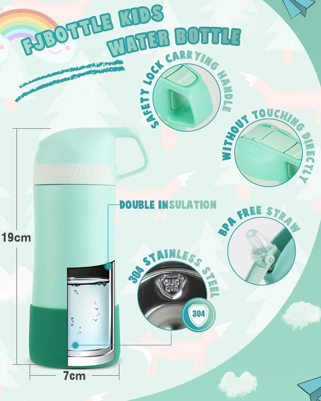 400ml Stainless Steel Insulated Kids Thermo Water Bottle, Vacuum Flask With Straw